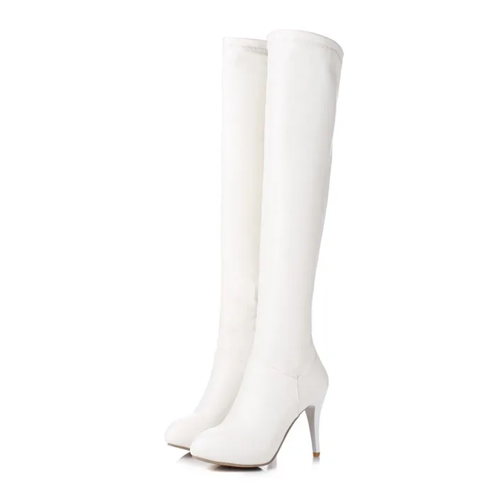 Meotina/высокие сапоги до бедра женские зимние сапоги ботфорты на высоком каблуке высокие сапоги с круглым носком пикантная женская обувь на молнии белого цвета - Цвет: Белый