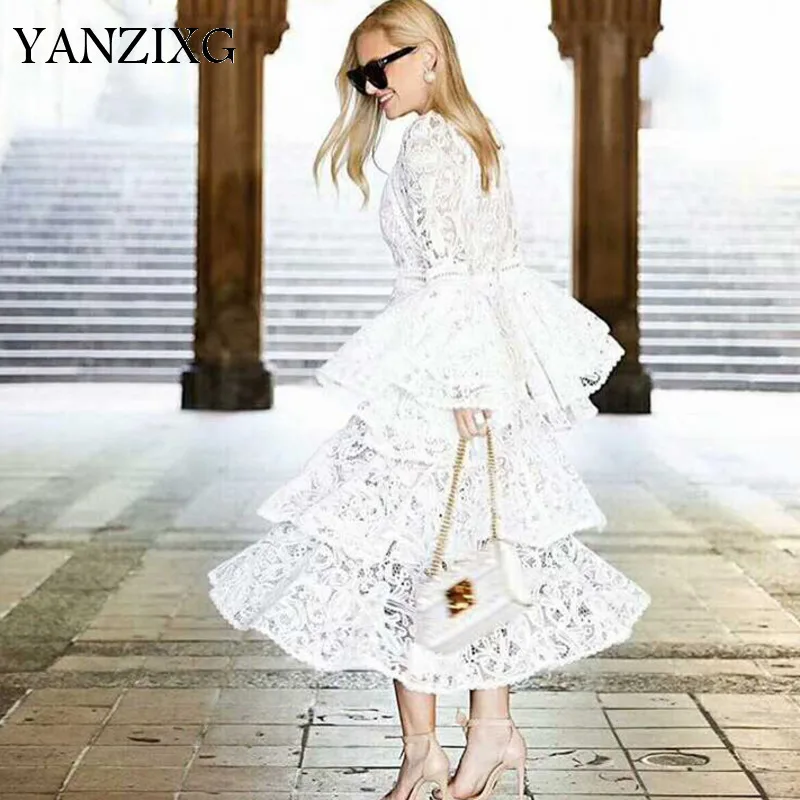 2019 New Spring Summer Flare Sleeves Lace Hollow Out Round Neck Cake Dress Female Embroidery High Quality Party W180 | Женская одежда