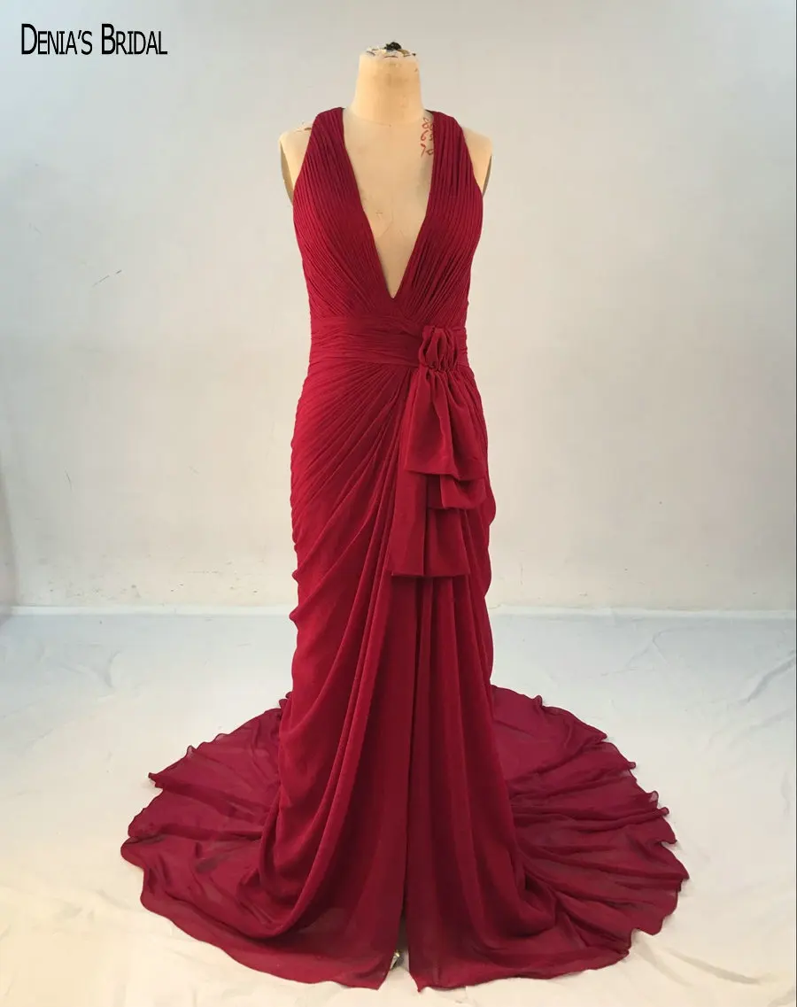 2017 Mermaid Red Chiffon Evening Dresses with V Neckline Sleeves Pleats Floor Length Sweep Train Party Prom Gowns | Свадьбы и