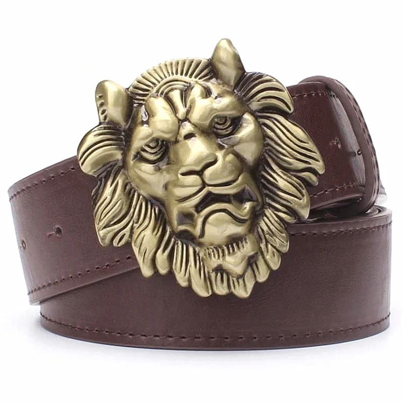 Men's belt gold Lion head male strap fashion Pu leather belt metal