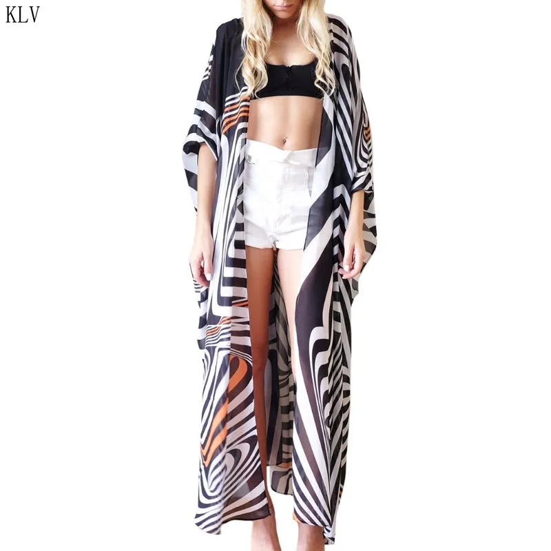 

Women Summer 3/4 Sleeves Open Front Swimsuit Cover Up Boho Color Block Zebra Stripes Printed Long Kimono Cardigan Belted Ankle L