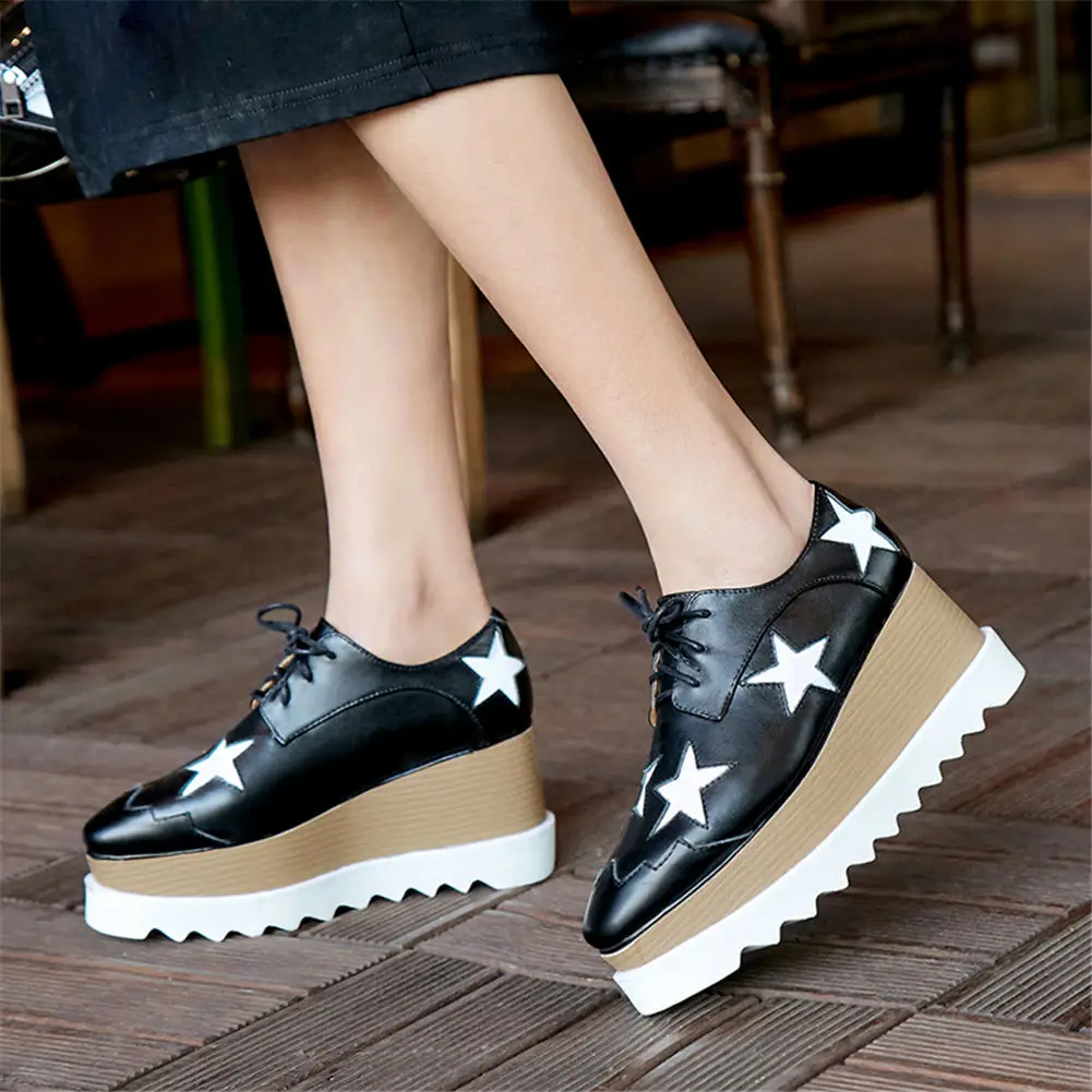 

Brand Design Big Size 42 Genuine Leather Stars women's Flat Platform Shoes Girls Shoelaces Leisure Square Toe Shoes Woman Flats