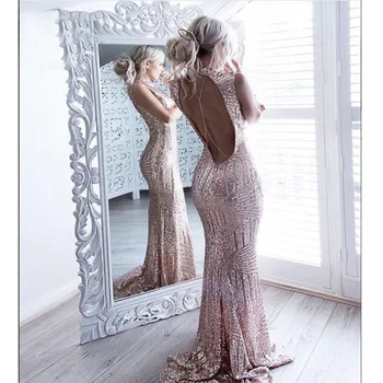 

2019 Dress Sexy Backless Elegant Flash Sequined Women O Neck Pink Night Club Sleeveless Body con Party Dresses Wholesale