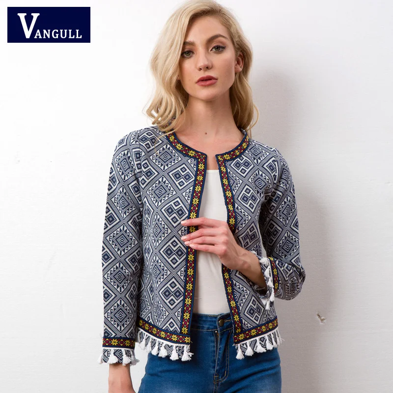 Vangull Tribal Embroidered Jacket Blue Vintage Fringe Tape Trim Women Autumn Coat 2018 Spring Long Sleeve Tassel Boho Jacket