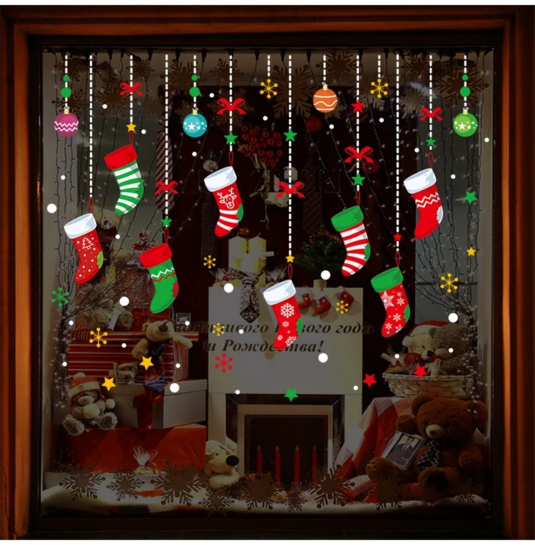 Санта мешки Снежинка дерево мяч статические наклейки на окна рождественские украшения для дома счастливый год Декор