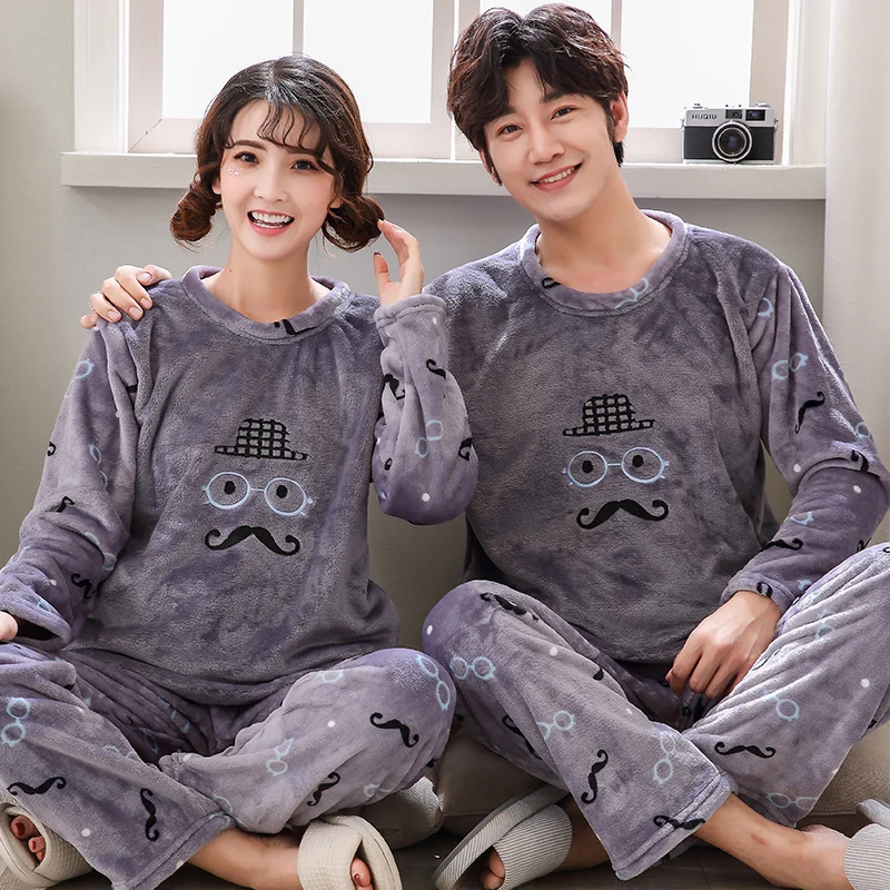 

Women's Pajamas Winter Long sleeve Trousers Coral Fleece Sleepwear Men Love Sleep Pajamas Set Flannel Couple's pajamas