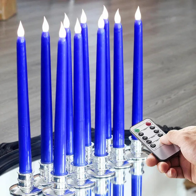 10 Piece Blue Flameless LED Taper Candles With Remote and Timer For