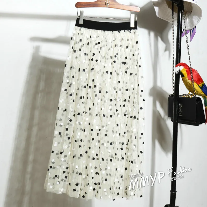 Женская Летняя Сексуальная кружевная длинная юбка с высокой талией для женщин, Корейская винтажная Тюлевая сетчатая Прозрачная черная белая синяя клетчатая юбка D153