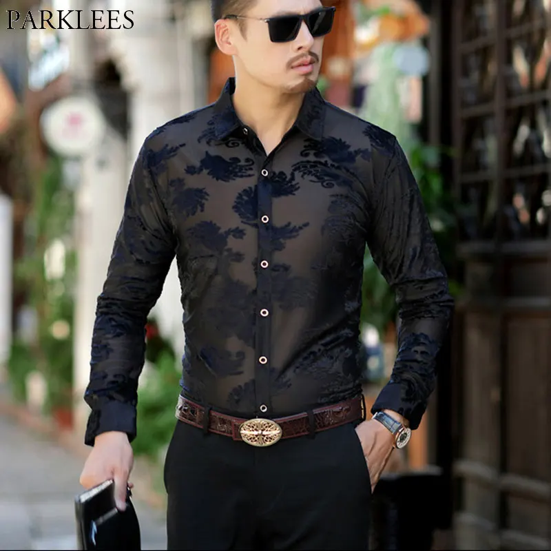 

Floral Embroidery Men Transparent Shirt 2018 New Sexy Lace Shirt For Male See Trough Sexy Club Party Prom Social Shirt Male 3XL