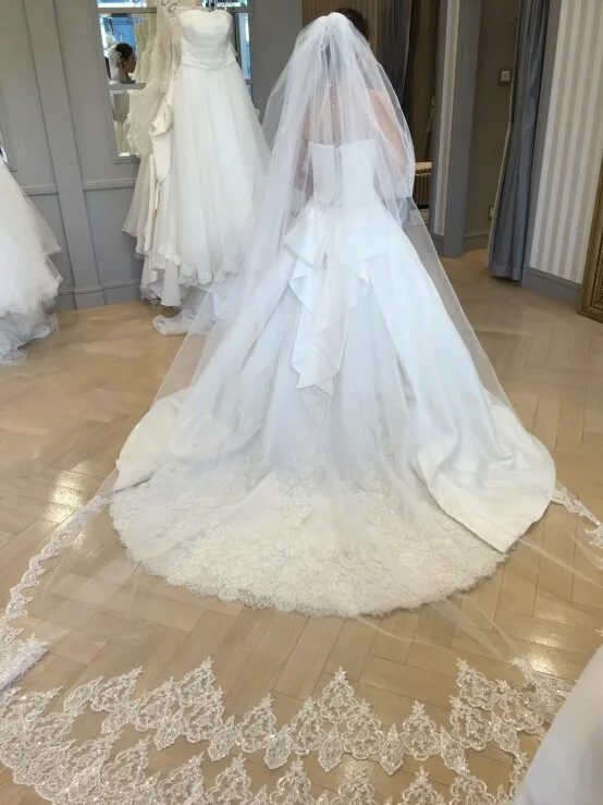 Real Photos High Quality 2 Tiers Blusher Cover Face Cathedral Shining Sequined Lace Wedding Veil with Comb New Bridal Veil