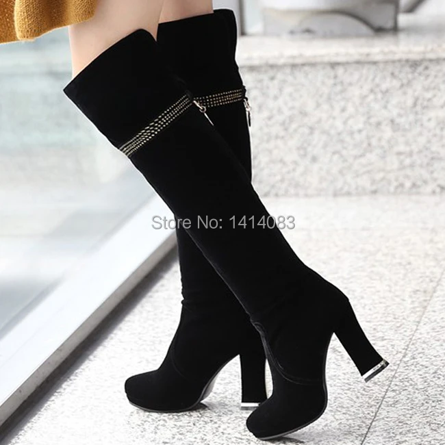 

Sexy winter nubuck warm over the knee high boots side zipper metal diamond decoration round toe high heels black women boots