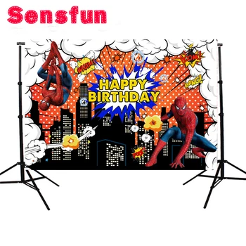 

Vinyl Supeheros Buildings Kids First Birthday Custom Photo Studio Backdrop Spiderman Background 7x5ft