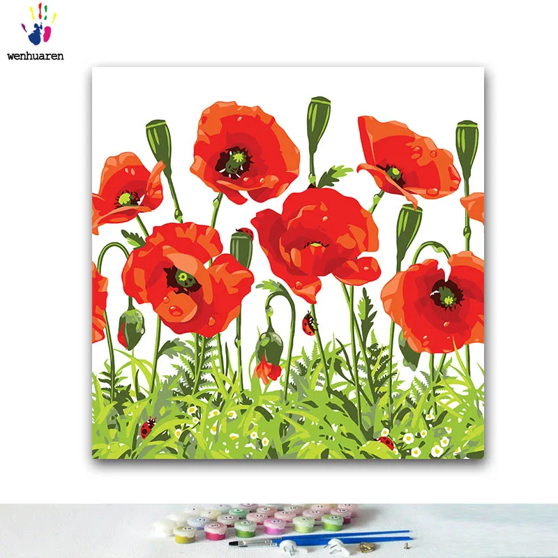 DIY цвета картины по номерам с цветами поле poppy Картина Рисунок по номерам Обрамленный дом - Цвет: 7055