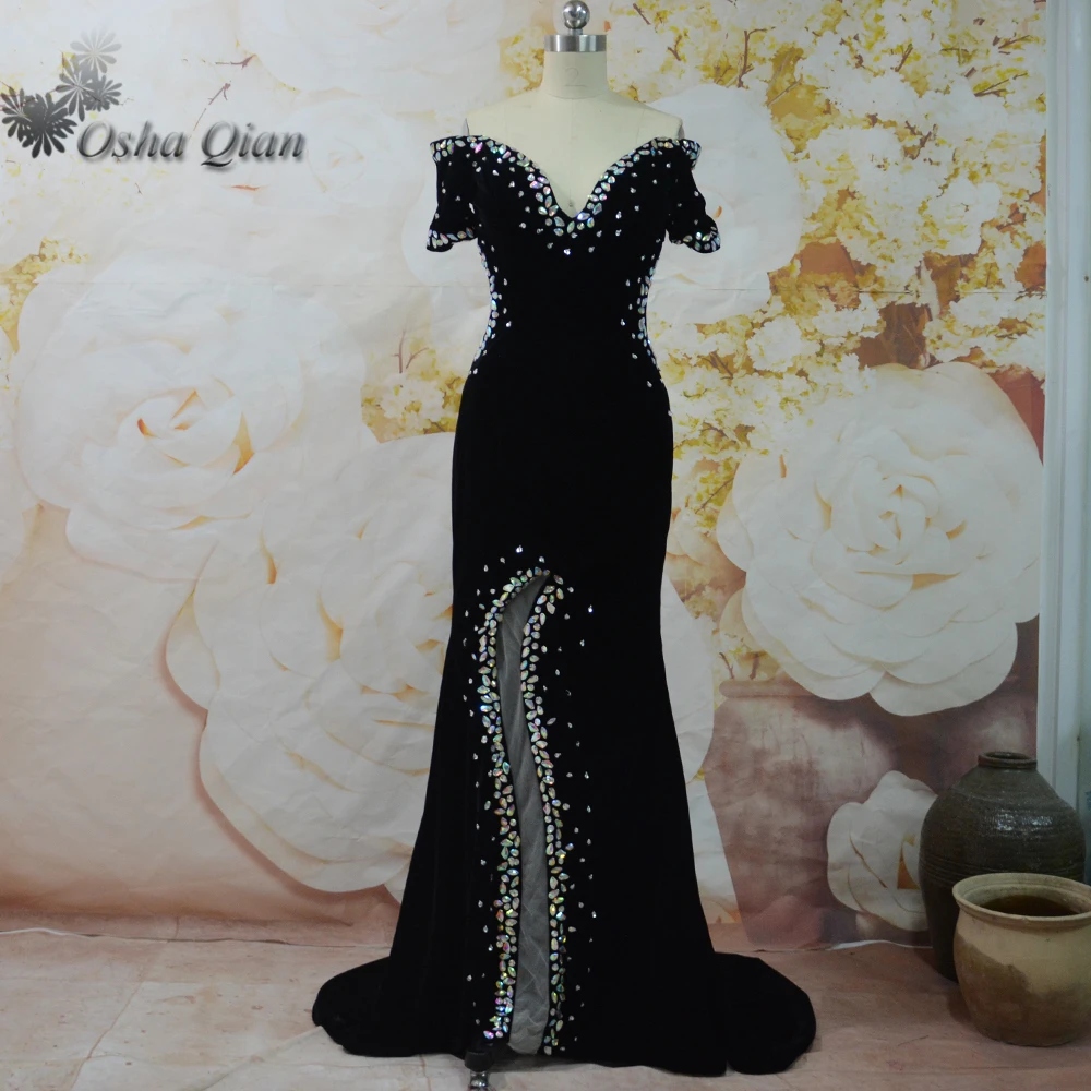 Fashionable Black Evening Gown Velour Rhinestones Off The Shoulder