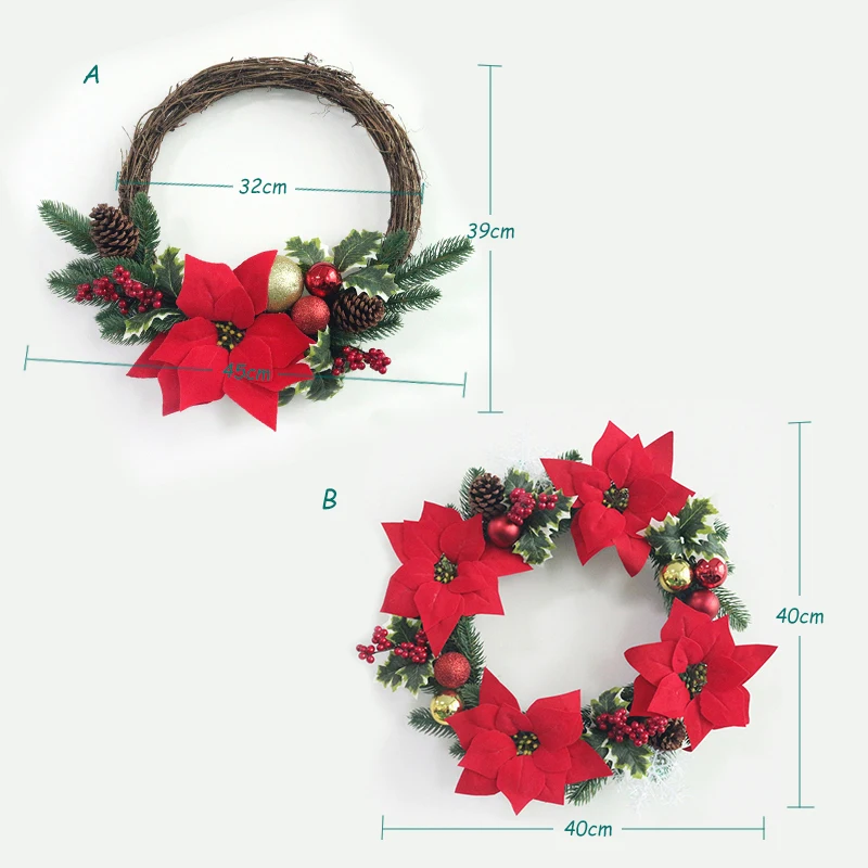 JAROWN Artificial 40cm Wreath Christmas Decor Simulation Pine Cone Red Fruit Home Door Hanging Ornament Mall Store Decor Flores (2)