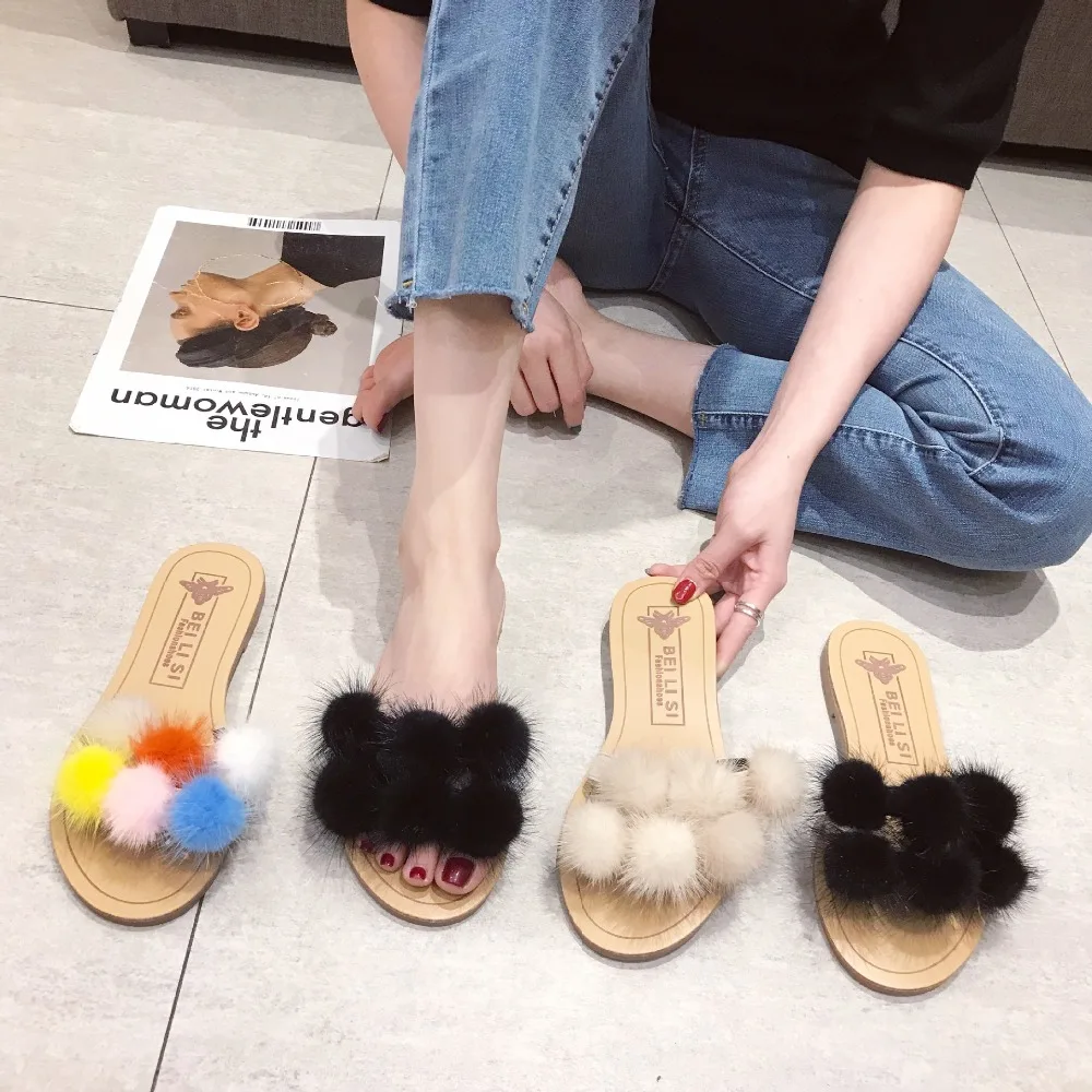 

Shoes Without Heel Slides Slippers Fur Flat Sliders Luxury Plush 2019 Soft PU Basic Fashion Rome with fur
