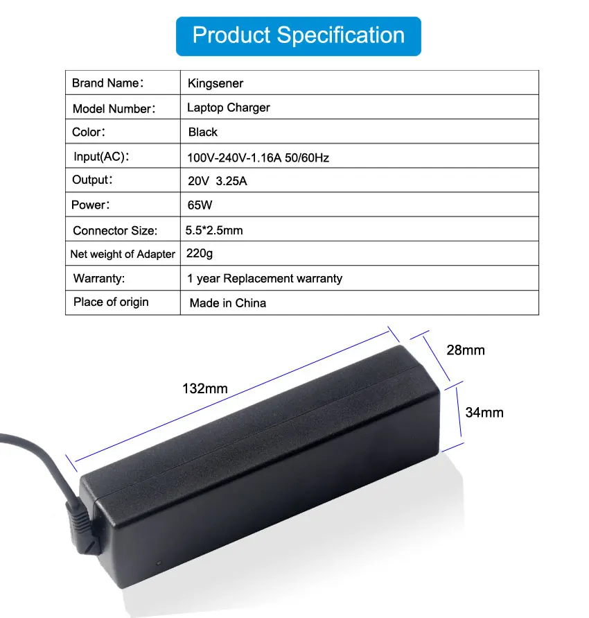 Kingsener адаптер переменного тока питания для ноутбука Зарядное устройство 20V 3.25A 5,5*2,5 мм для lenovo IBM B470 B570e B570 G570 G470 Z500 G770 V570 Z400 G560 G570