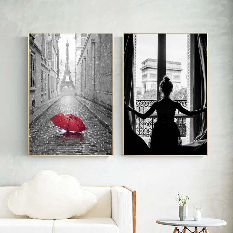 Red Umbrella in Rainy Paris 3 Pieces Canvas Wall Art Picture Painting Home Decor 