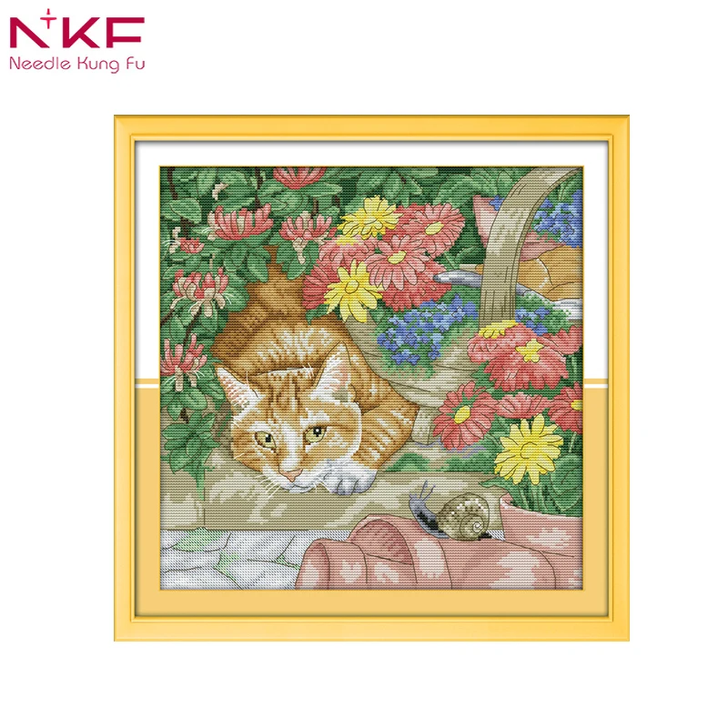 

NKF Cat and snail Chinese print pattern cross stitch embroidered needlework diy kits counting pattern on canvas sets animal 14ct
