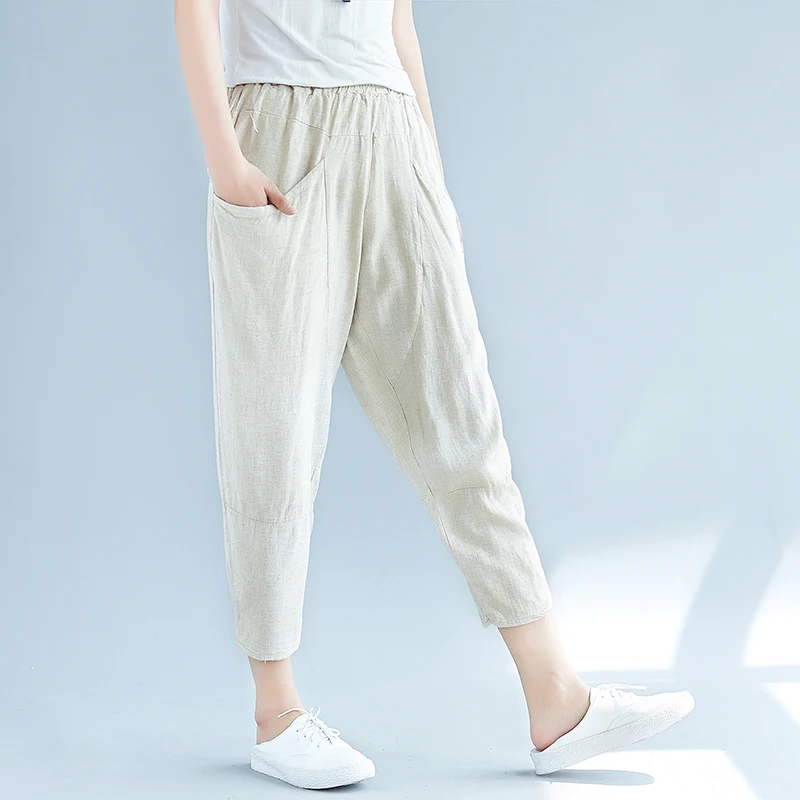 Pantalones Femme 2019 Cotton Linen Harem Pants Women Pocket Elastic High Waist Casual Spring Summer Trousers Women Radish Pants 7