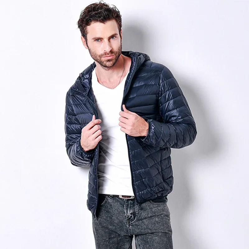  Spring and Autumn Fashion Boutique White Duck Down Men's Casual Thin and Light Hooded Down Jacket M