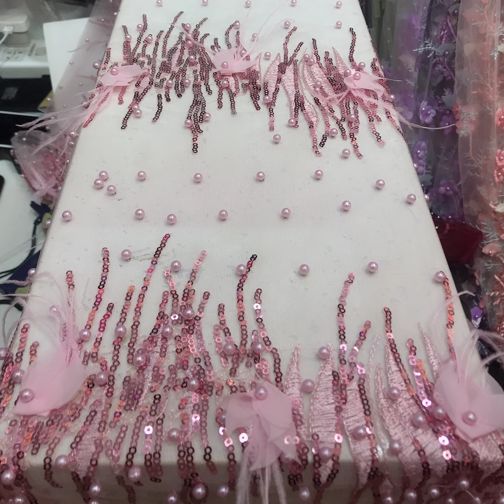 

Latest Embroidery Design Pink 3d Beaded Sequin Tulle Lace Fabric For Women X429-7