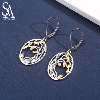 SA SILVERAGE 925 Sterling Silver Tree of Life Drop Earrings for Woman 925 Silver Long Women Earrings Yellow Gold Color Brincos double r brand new jewelry earrings for women hot sale yellow gold plated 925 sterling silver drop earrings case04266sc 2