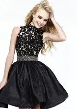 Sexy Black Lace Cocktailkleider 2015 A-linie Nach Maß Open Back Satin Kurze Heimkehr-partei-kleid Vestidos de baile
