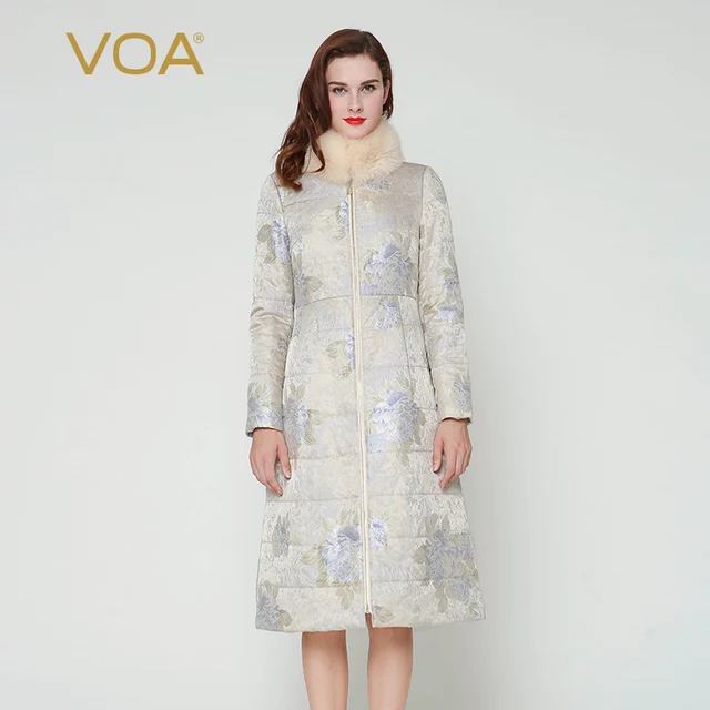 Cheap VOA beige fox fur collar silk jacquard coat Slim long cotton-padded jacket female winter down M7260 silver gray