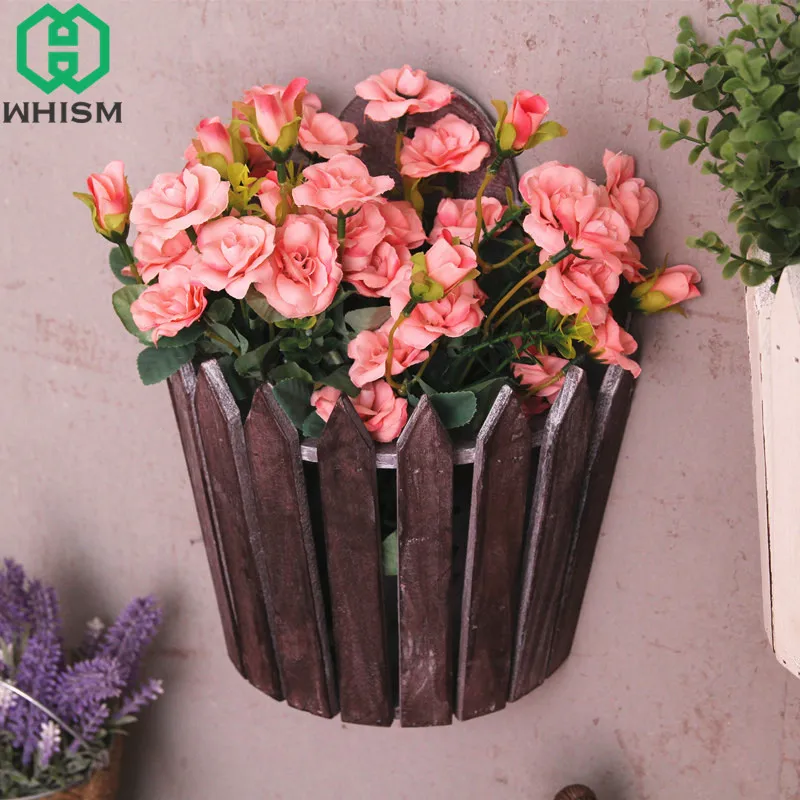 WHISM Handmade Small Fence Flower Pot Wood Hanging Basket Artificial Plants Vase Decorative Fake Flower Planter Garden Supplies