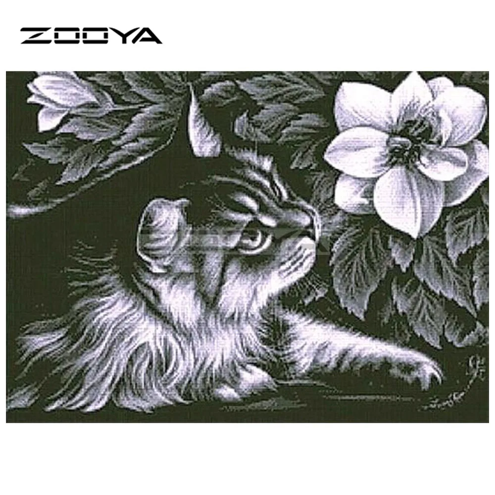 ZOOYA 5D алмазная вышивка сделай сам черный белый кот и белые цветы живопись