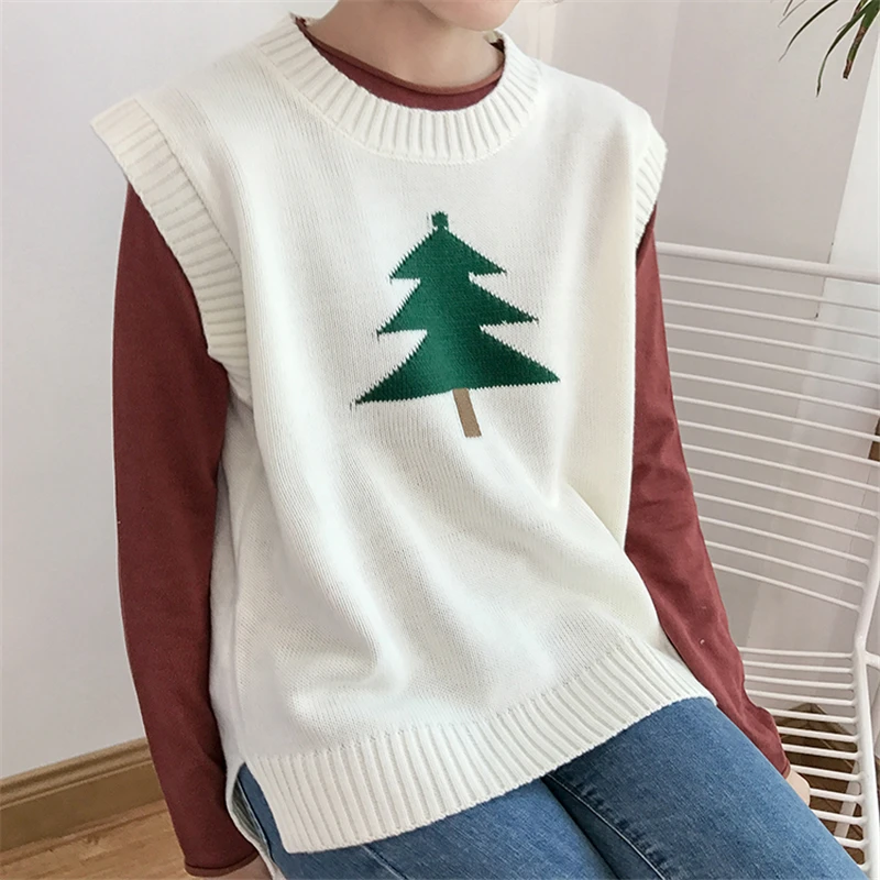 Rugod, новинка, милый Рождественский свитер, жилет для женщин, pull femme hiver, вязаный свитер с круглым вырезом, с рисунком Зеленой Елки, теплый свитер, жилет