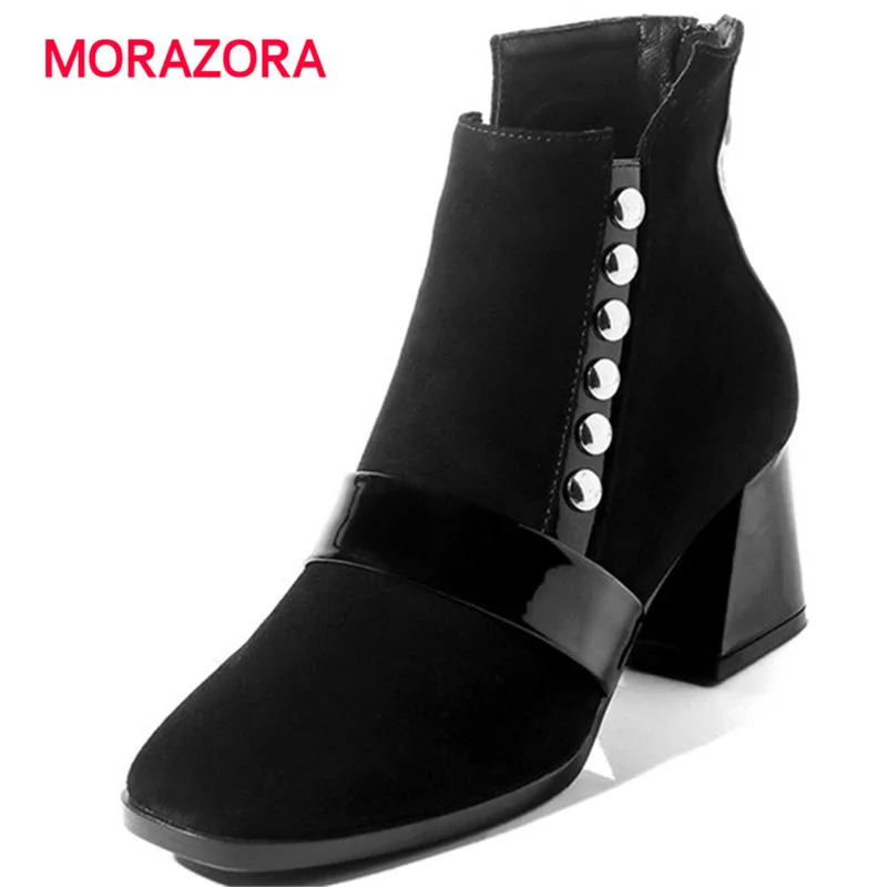 

MORAZORA 2018 new fashion rivet high heel ankle boots for women square toe coe suede leather boots antumn winter hoof heel boots