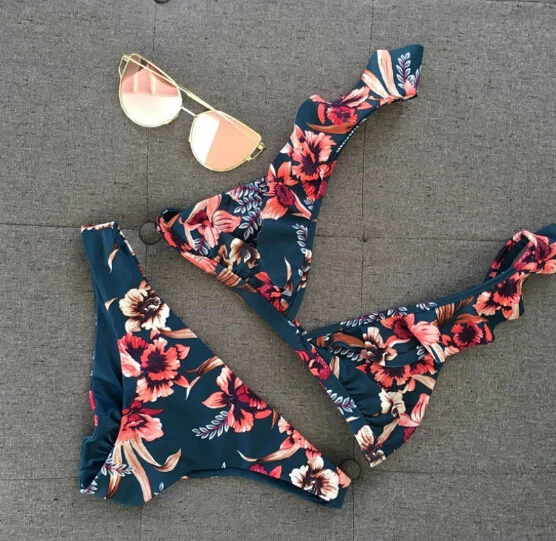 

Two-Pieces Women Floral Push-up Padded Bra Ruffles Bandage Bikini Set Triangle Swimsuit Triangle Swimwear Bathing Suit Beachwear