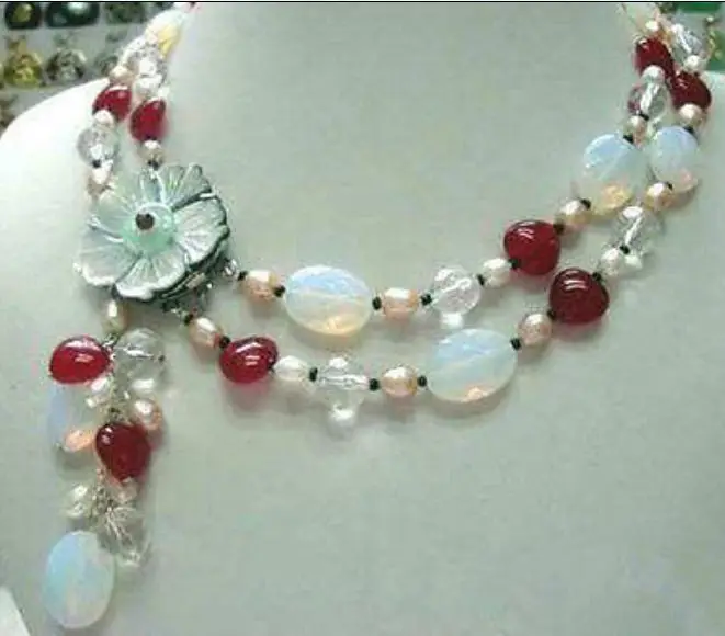 

Free Shipping ***Hot sale >>>Beautiful!2Rows White Pearl Moonstone Red Ruby Necklace