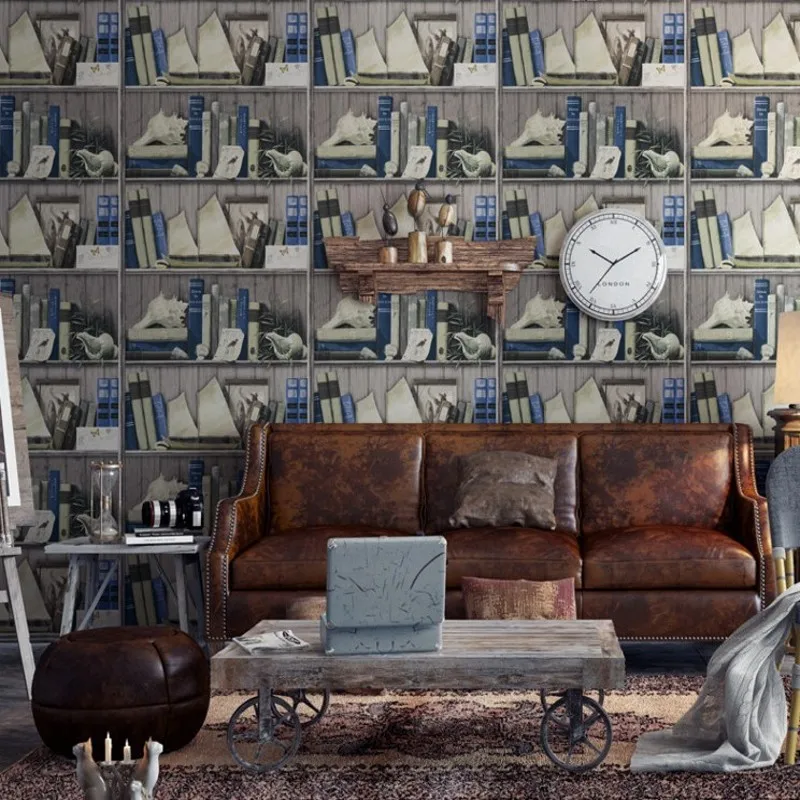 HOT Sale  Free Shipping Personality Retro Old Bookshelf Wallpapers American Village Style Study Background Wa