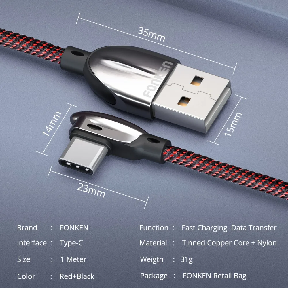 FONKEN 90 градусов usb type C кабель для быстрой зарядки USB C изгиб игровой кабель для зарядки Android телефон зарядное устройство нейлоновый локоть type-C шнур для передачи данных