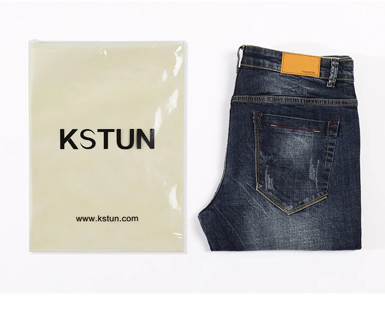 KSTUN Ripped Jeans Men Autumn and Winter Dark Blue Stretchy Slim Straight Heavyweight Streetwear