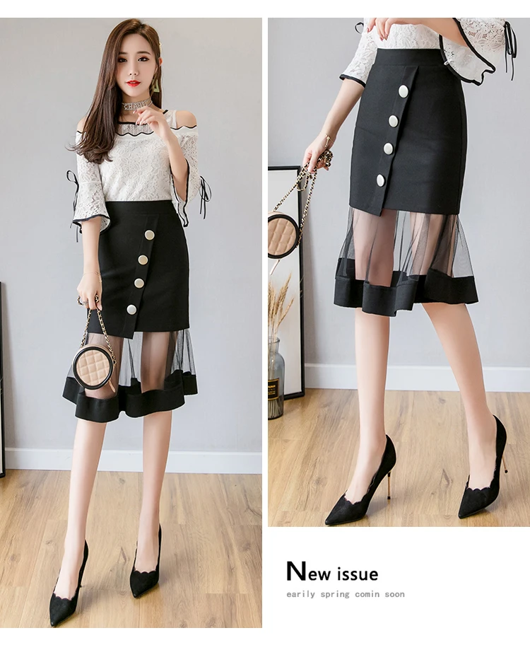 S-5XL New Women Skirt High waist Mesh patchwork Mermaid Skirt Slim Sexy Pencil Skirt Elegant button Office Ladies Skirts