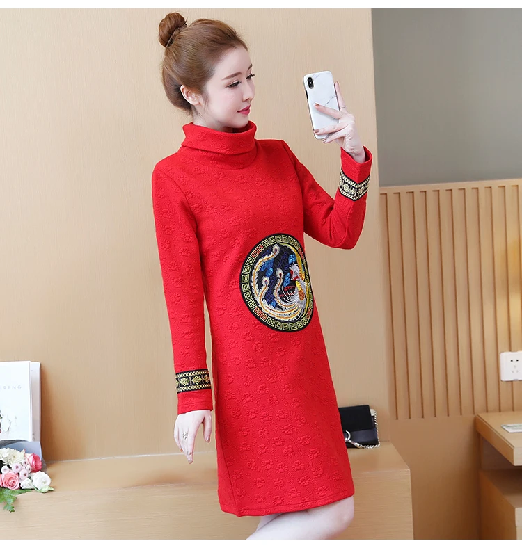 Зима 2018 новый с длинными рукавами утолщенной шелк cottonTurtleneck жаккардовое платье