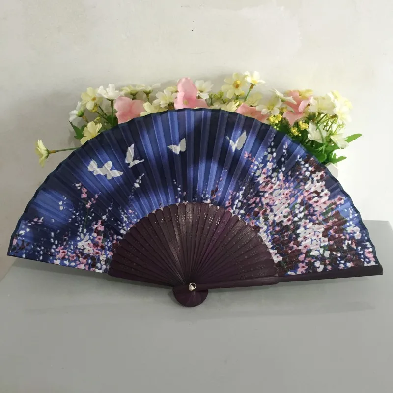 

Free shipping 30pcs/lot Japanese style bamboo frame real silk hand fan for decoration with cherry blossom & butterfly designs