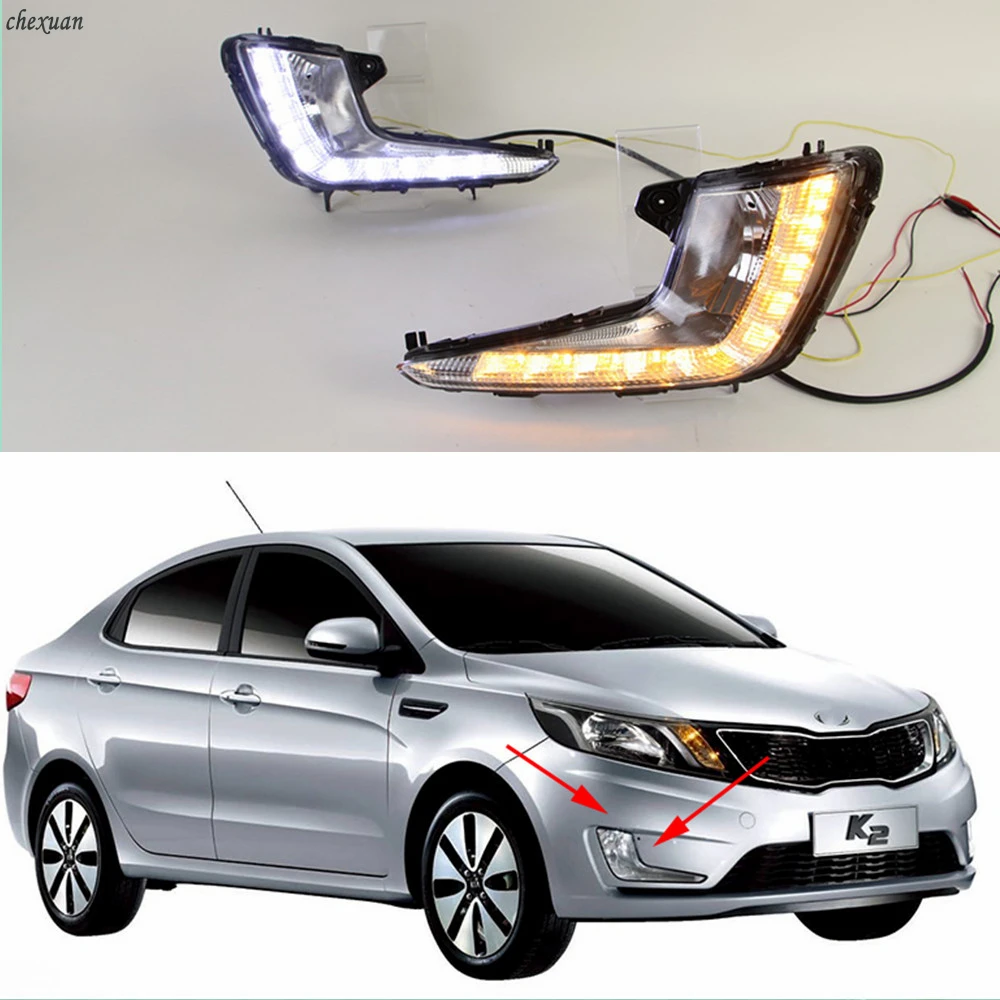 

CSCSNL 1Set For kIA K2 2012 2013 2014 Car LED DRL Daytime Running Lights 12V Fog Lamp Cover With Turnning Yellow Signal Lights