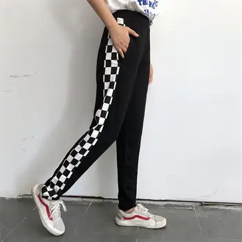 

Women's Harajuku Style Wild Retro Black And White Grid Stitching Loose Students Men And Women Pants Tide Trousers For Women