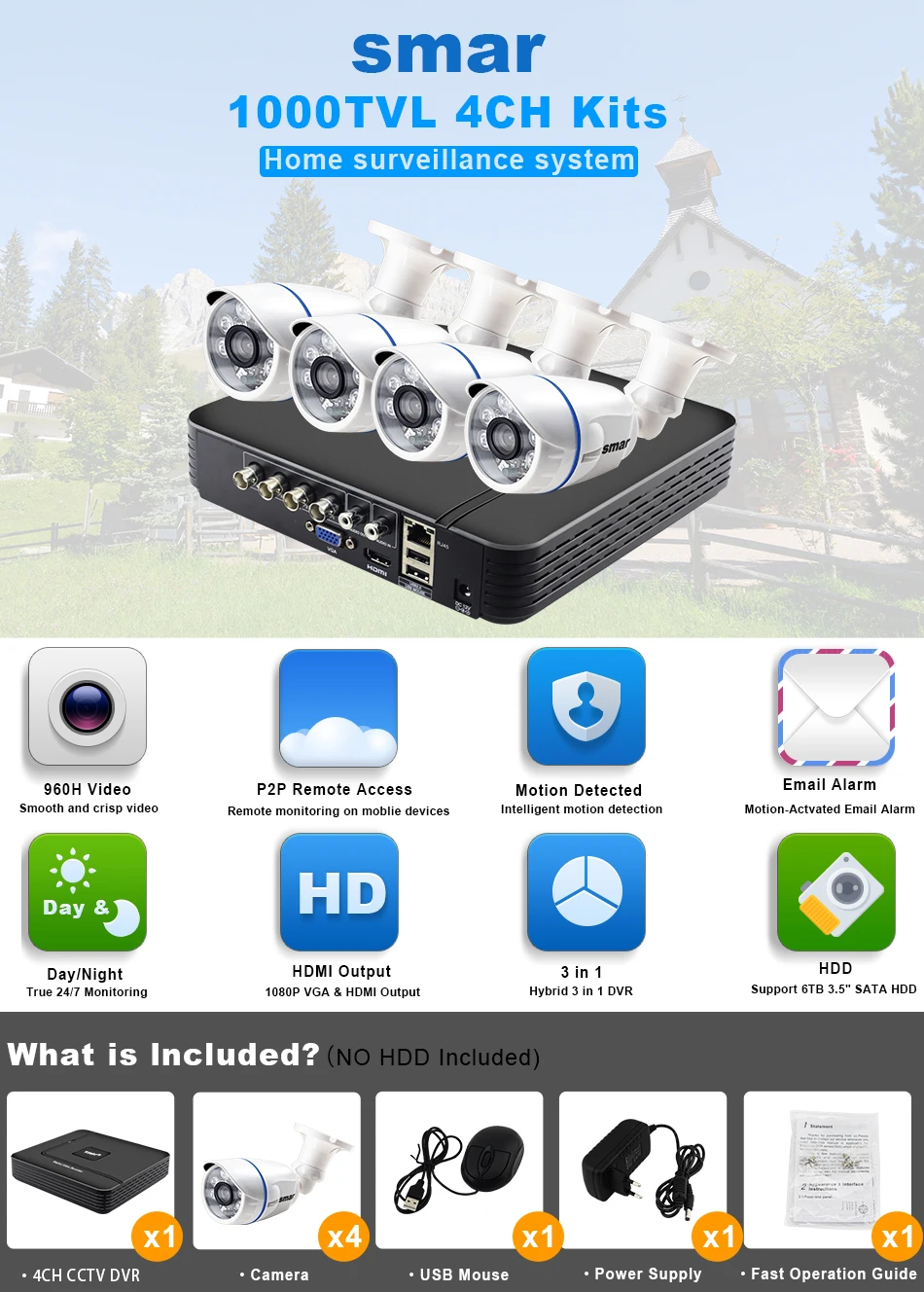 Smar 4CH CCTV System 960H DVR HDMI Output 4pcs 1000TVL IR Camera Outdoor Home Video Surveillance Security Kit