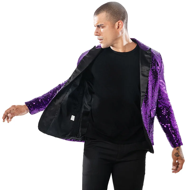 Одной кнопки мужской пиджак моды пайетки стадии проектирования костюм Блейзер Для мужчин осень-весна Повседневное Slim Fit театральный