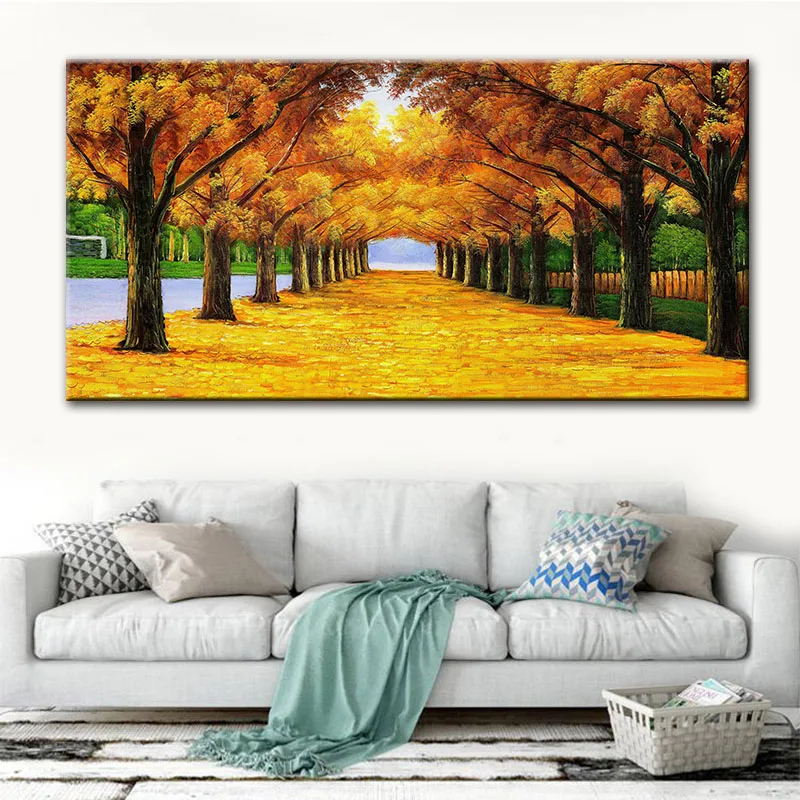 

GOODECOR Landscape Wall Art Yellow Leaf Trees Canvas Oil Painting Living Room Decoration Pictures Canvas Artwork Painting