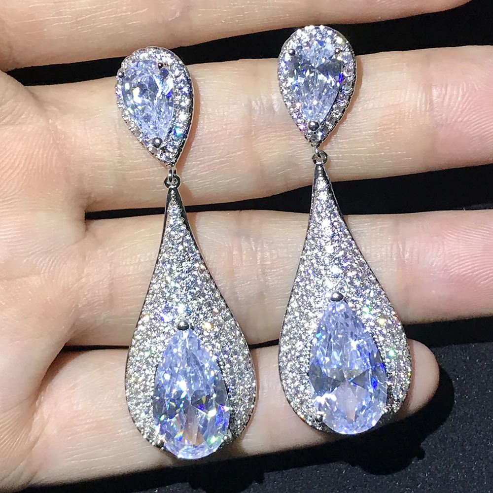 

CZ Bridal Hanging Earrings for Women 2018 Wedding Party Long Drop Brincos Christmas Jewelry 925 silver