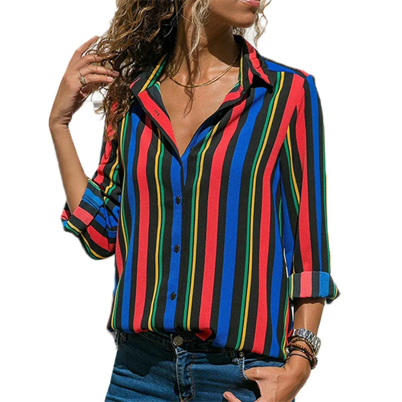 

Women Tops 2019 Elegant Long Sleeve Stitching Striped V Neck Chiffon Blouse Female Shirt Turn-down Collar Office Ladies Workwear