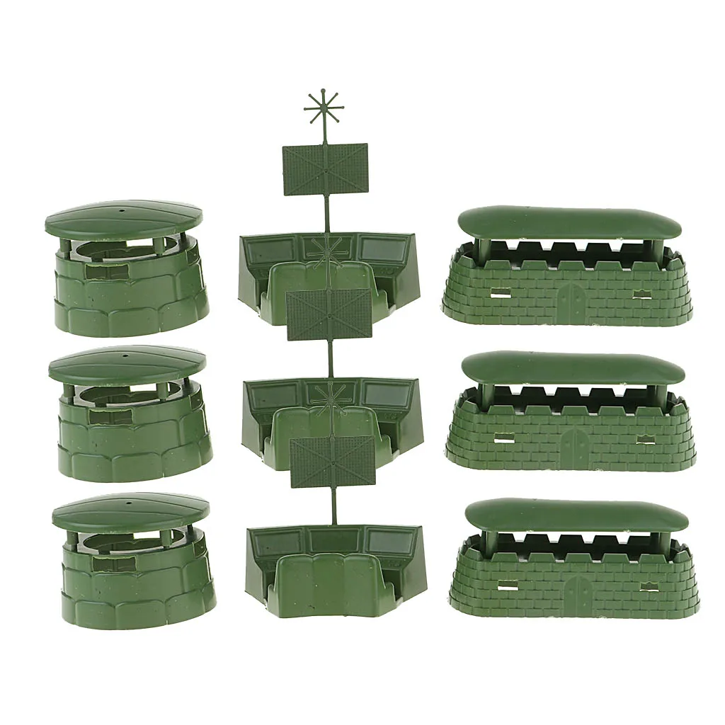 9pcs Big Bunkers Radar Models Toy Soldiers Action Figures Army Men Accessories War Scenes Kids Pretend Play Toys