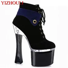 Fashion18-20cm; женские ботильоны с пряжкой; сезон осень-зима; мотоциклетные ботинки на платформе; обувь синего цвета на высоком каблуке 8 дюймов